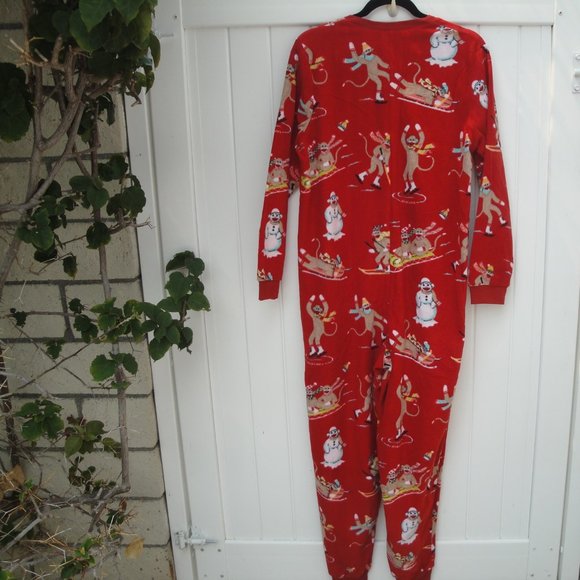Nick & Nora Union Suit Red Sock Monkey Fleece Pajamas Medium - Picture 3 of 4
